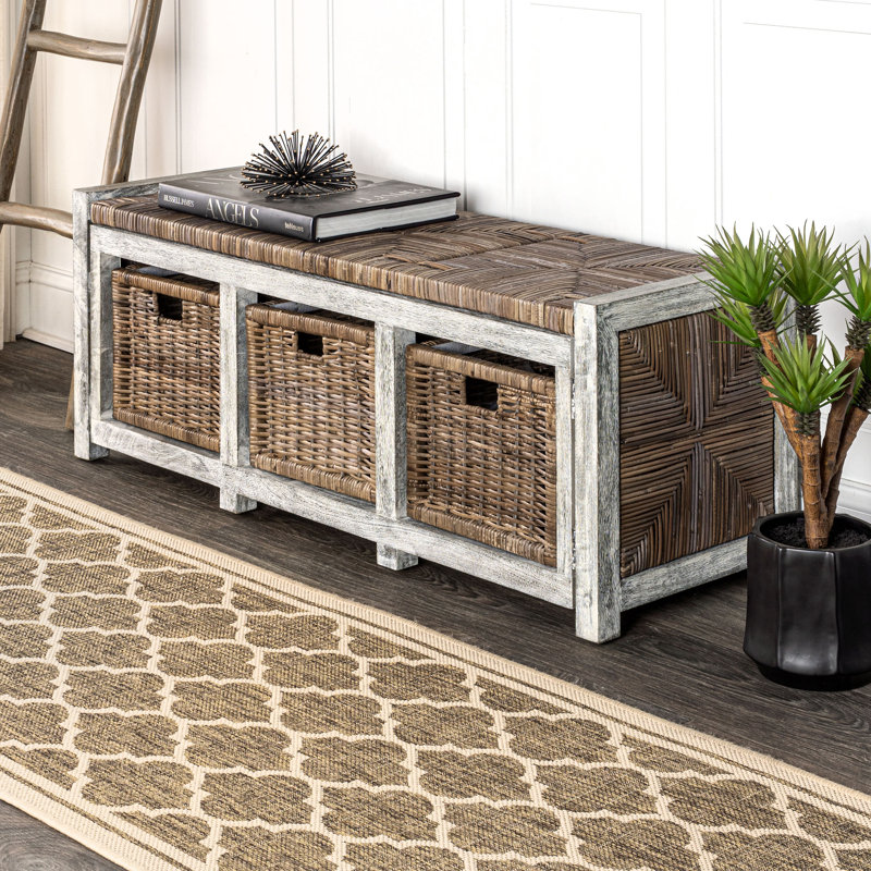 Highland Dunes Rustic 43.3" 3 Drawer Wicker Storage Bench, Gray Wayfair